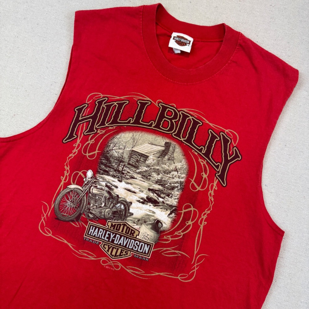 Harley-Davidson Large Muscle Tee Mens Red Hillbilly Gatlinburg TN Graphic Shirt